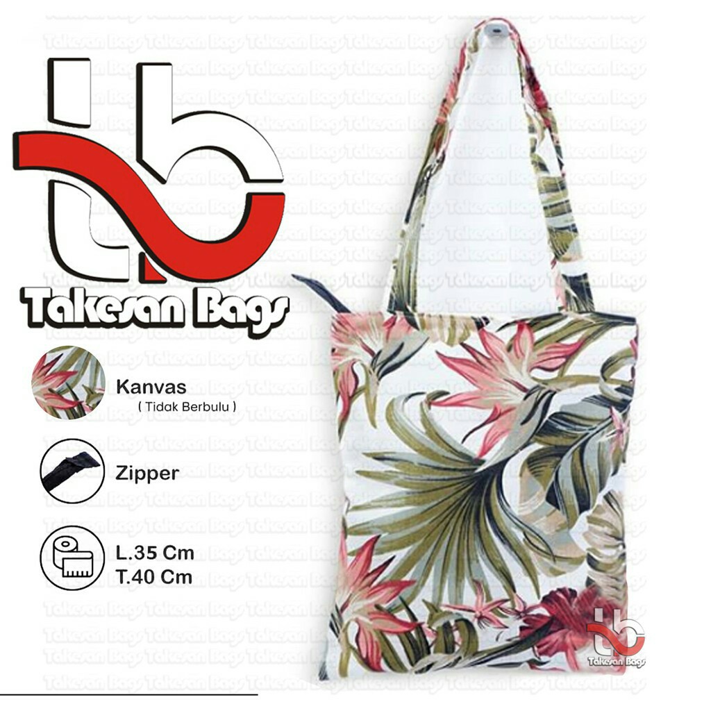 Takesanbags Bandung - Tas Tote Bag Wanita Penutup Resleting Bahan Canvas Ukuran 39X33 Motif Flora