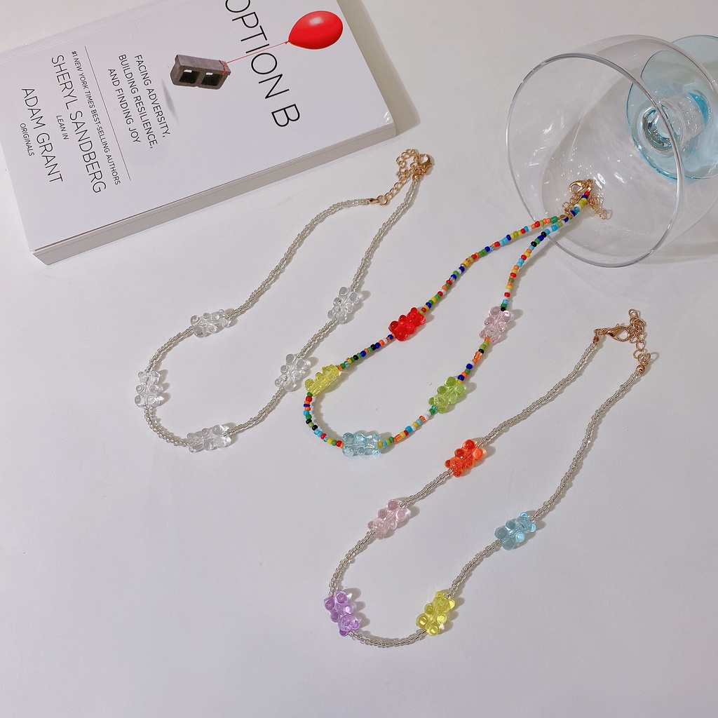 Cute Jelly Bear Rice Bead Necklace Crystal Color Clavicle Chain