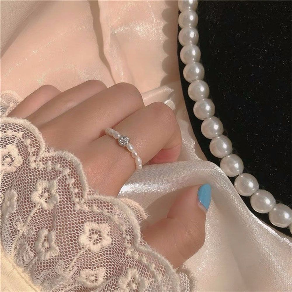 Needway  Women Girls Pearl Rings Korean Fashion Jewelry Finger Ring Gift Trendy Elegant Rhinestone Handmade Zircon Ball Bead Rings/Multicolor