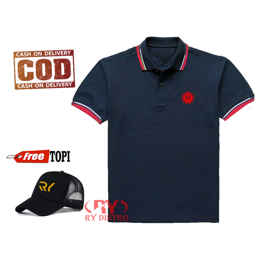 PROMO BONUS TOPI... Kaos Pria Polo Kerah RY Sport Bulat Merah + Topi Keren / Kaos Polo /Kaos Distro