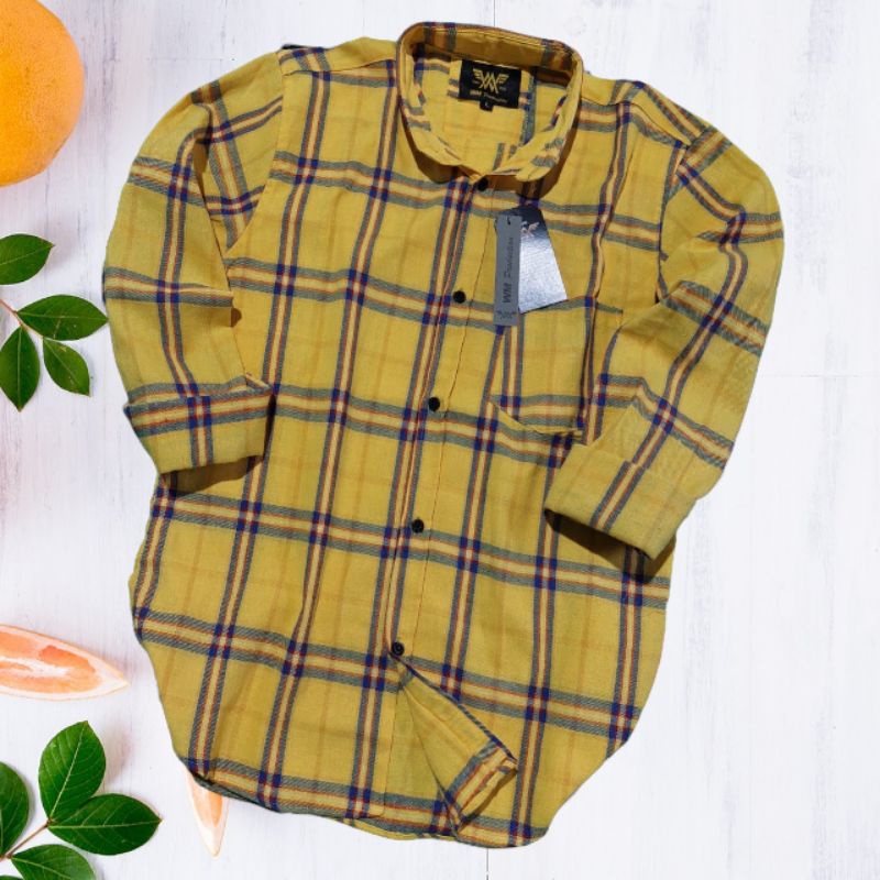 kemeja wanita kemeja flanel wanita flanel wanita kemeja kotak-kotak wanita flanel-Kuning biru