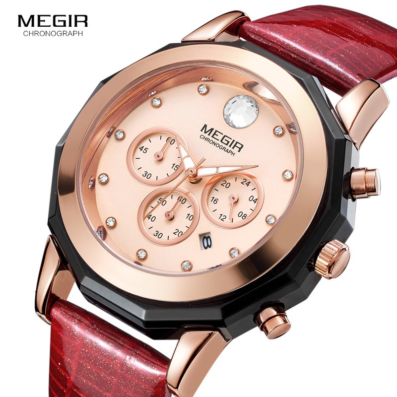 MEGIR 2042 Jam Tangan Wanita Analog Chronograph Tali Kulit WATCHKITE WKOS