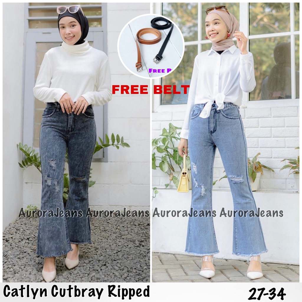 TRIVELA (FREE BELT) - Celana Jeans Catlyn Cutbray Wanita Sobek / Celana Jeans Cutbray Wanita 27-34