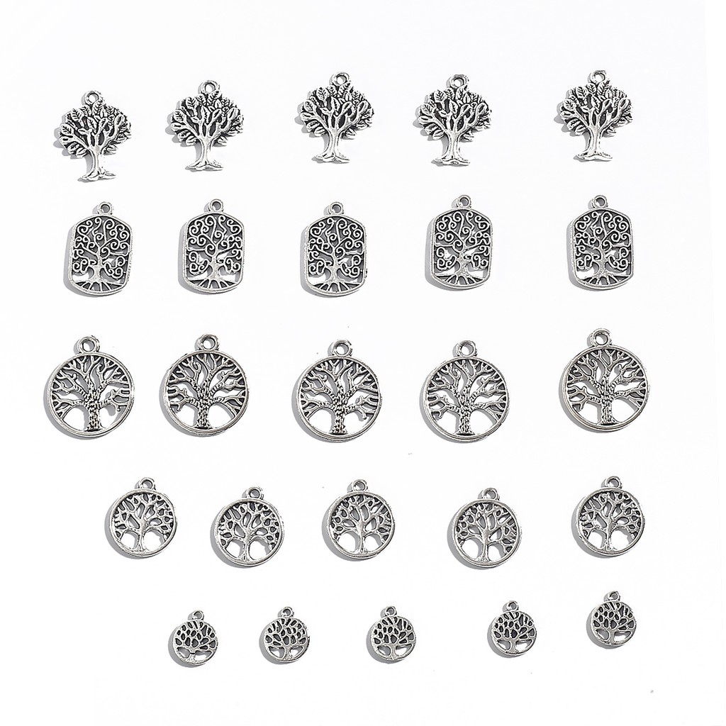 10-30 Pcs 5 Ukuran Charms Life Dreaming Trees Bentuk Bulat Kotak Lapis Silver Untuk Gelang Kalung