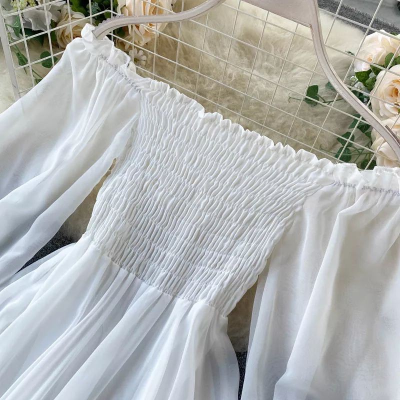 Maxi dress kondangan party pesta wanita sabrina Off Shoulder kerut smock smoke Lengan Panjang bahan sifon chiffon ceruti S M L XL JUMBO-1