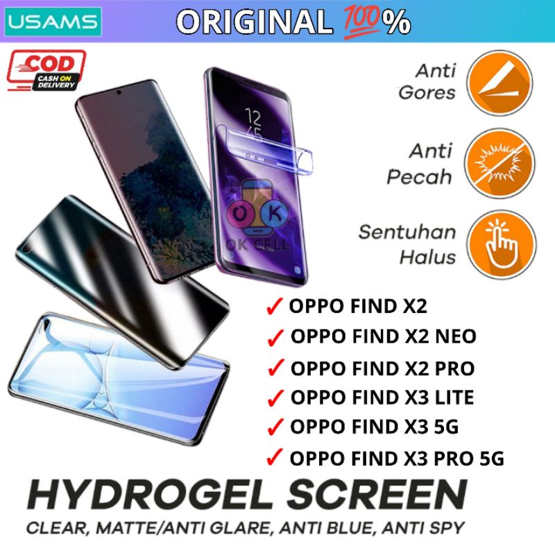 USAMS Hydrogel Anti Gores Blue Light Matte Spy Oppo Find X2 X3 Neo Pro Lite 5G Full Layar Screen