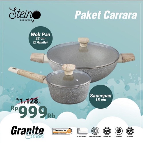 Stein Steincookware Paket Carrara / Wok 32cm + Sauce Pan 18cm wajan penggorengan original granite GERMANY GREBLON STEIN