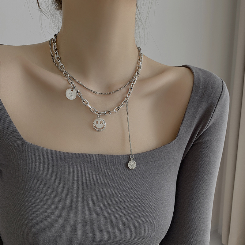 Hip-hop Personality Double Smiley Face Pendant Necklace for Women Girl Temperament Sweater Chain Neck Jewelry