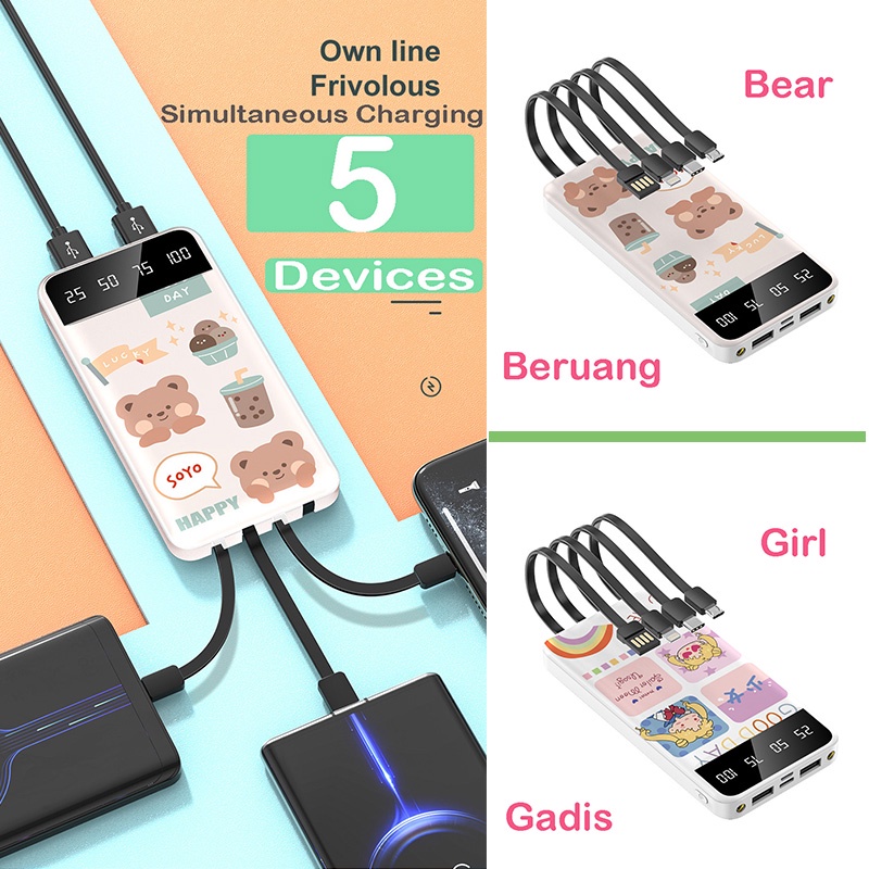 PowerBank 15000mAh Fast Charging Power Bank LED Digital Display Portable Mini PowerBank Built in Cable 5in1 Type C USB Lightning Micro