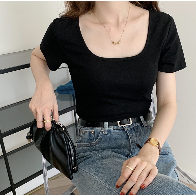 GirlWish Fashion Korean Cotton Round Neck Woman T-Shirt Atasan Kaos Wanita 6123