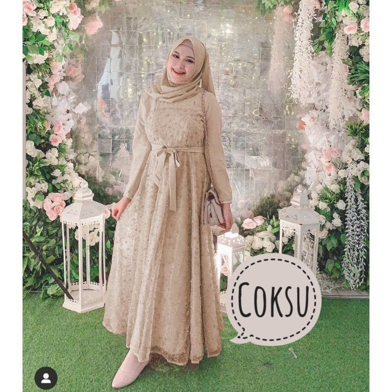 BJ - Maxi JELITA Wanita - Maxi Dress Kekinian - Bahan Moscrepe Kombi Tile Size L LD 100 - Gamis Dress Terbaru - Gamis Kondangan - Fashion Muslim