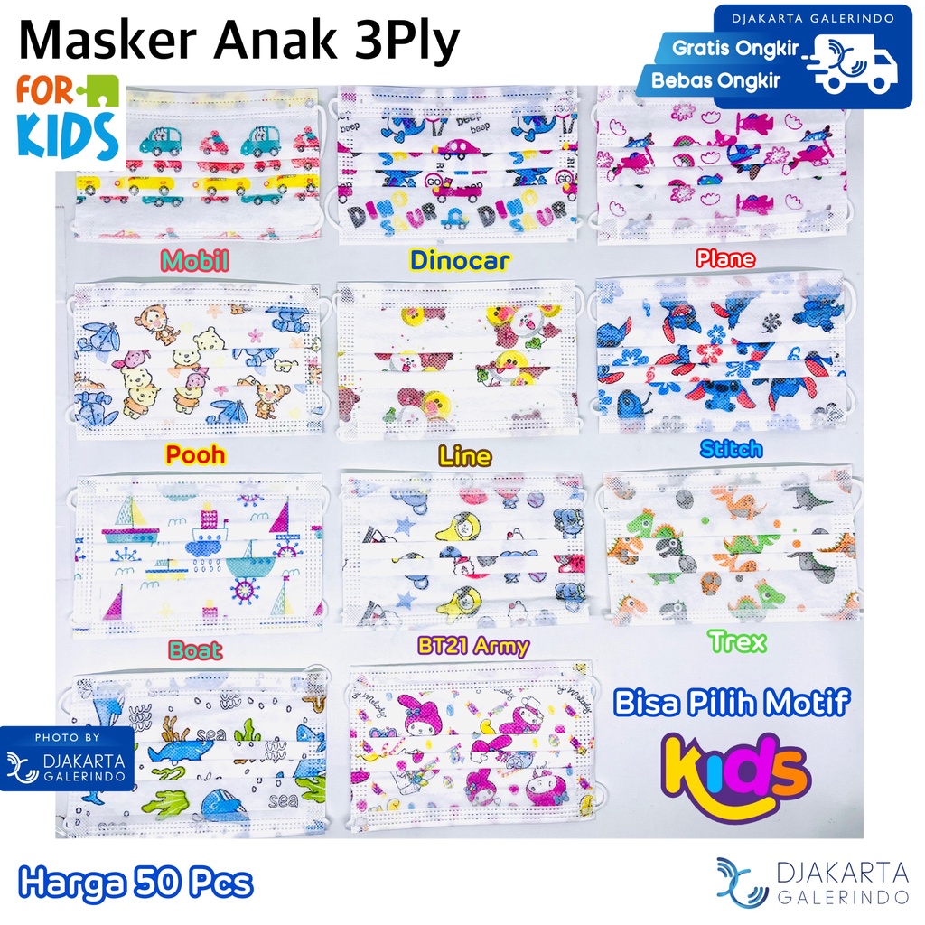 Masker Anak 3Ply Motif Headloop &amp; Earloop isi 50 Pcs