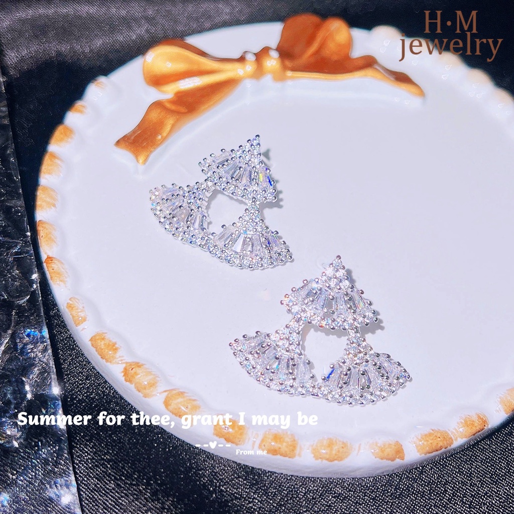 Anting Tusuk Sterling Silver 925 Desain Kipas Hias Berlian Untuk Wanita