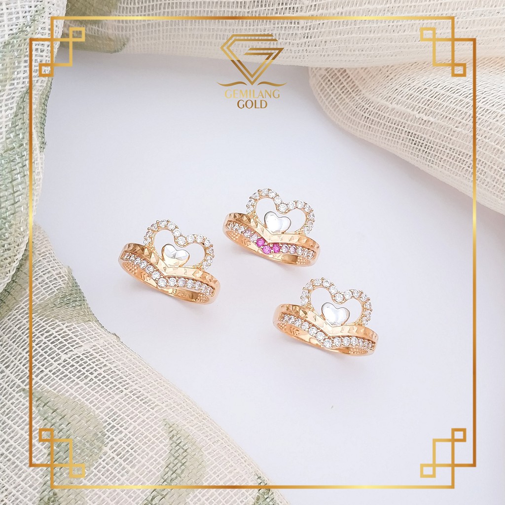 CINCIN CEWEK EMAS ASLI MOTIF LOVE MATA PUTIH MAHKOTA KADAR 375 CINCIN WANITA KASUAL  (CT 230)