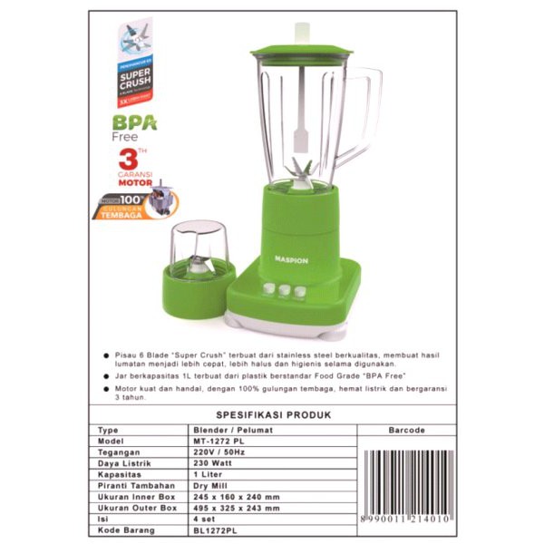 MASPION MT 1272 PL MT-1272PL BLENDER PLASTIK 2 in 1 1 Liter 1L HIJAU