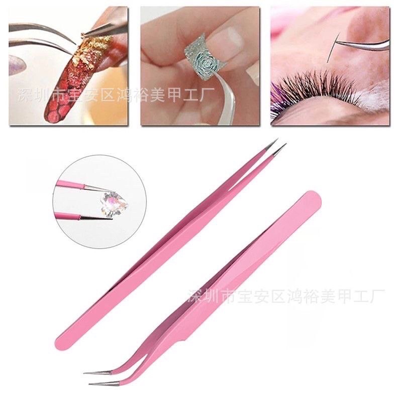 Pinset Bulu Mata / Penjepit Eyelash Extension Bengkok Pink /Tweezers