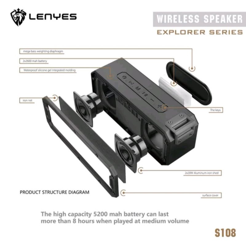 Speaker Lenyes S108 40W WaterProof Portable Audio Wireless Bluetooth Original