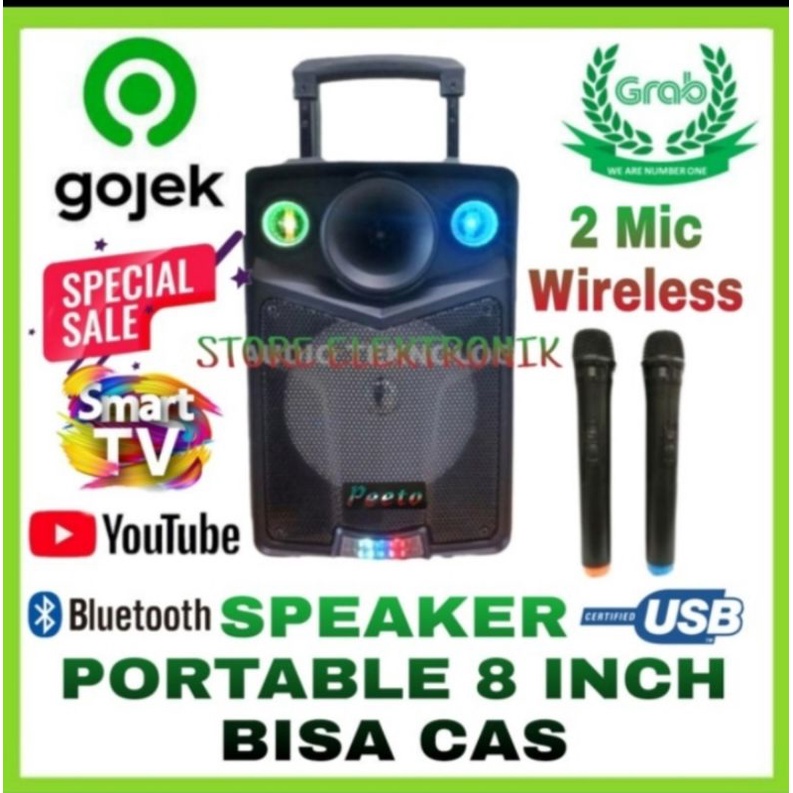 speaker portabel PEETO 8 inch bluetooth karaoke smart tv youtube D-8