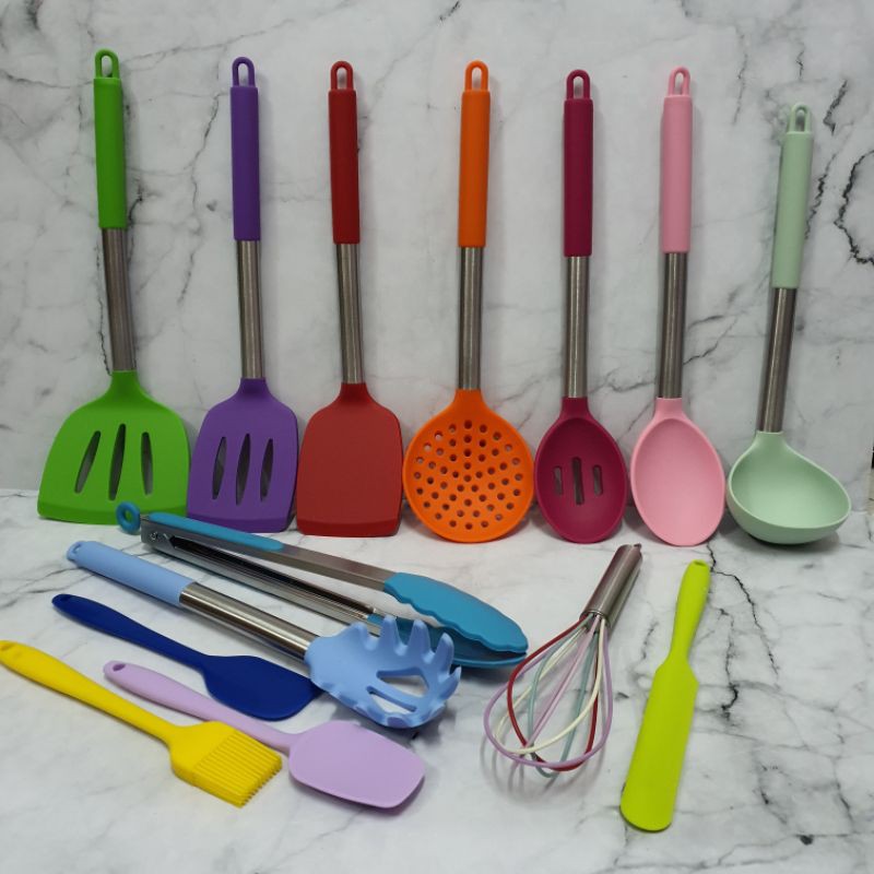 Colorfull silicone spatula cooking utensil set 15s with stainless handle /set alat masak silikon