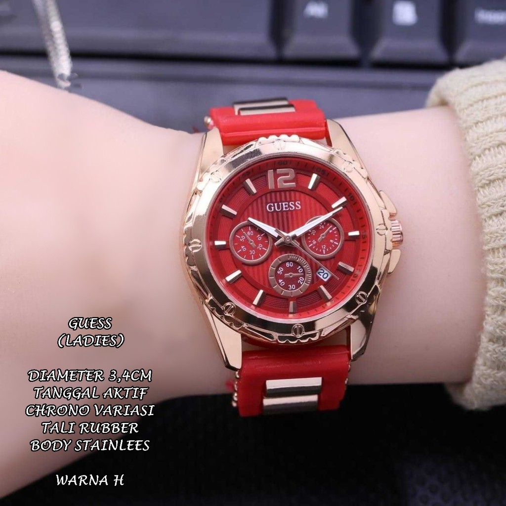 (BISA COD) JAM TANGAN WANITA GUESS TALI RUBBER BODY BULAT TANGGAL AKTIF CHRONO OFF