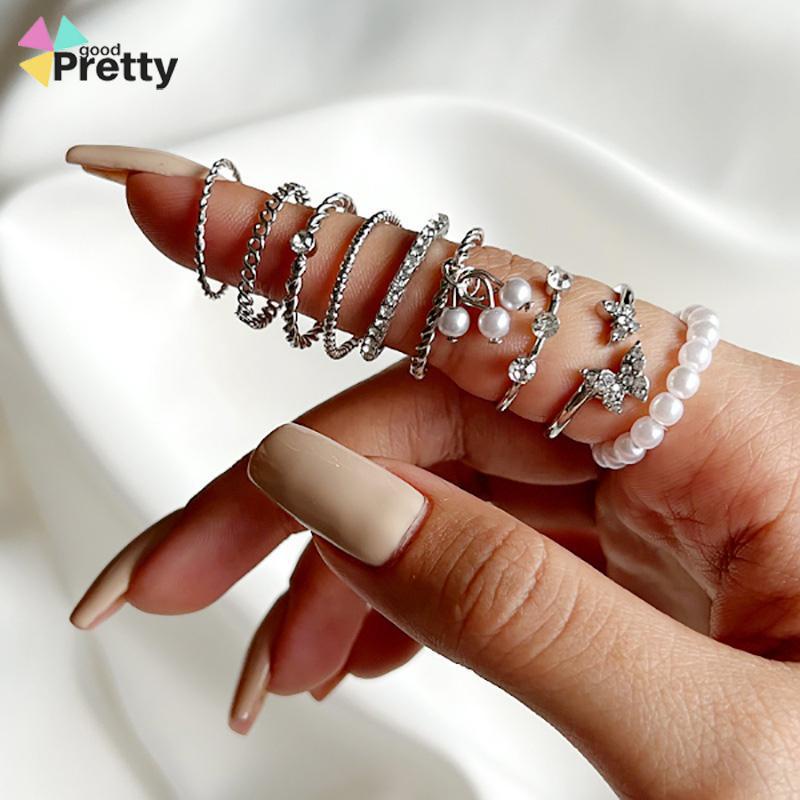 9PCS Set Cincin Wanita Tipis Berongga cincin Mutiara Kristal Kupu-kupu Berlian Premium Knuckle Ring