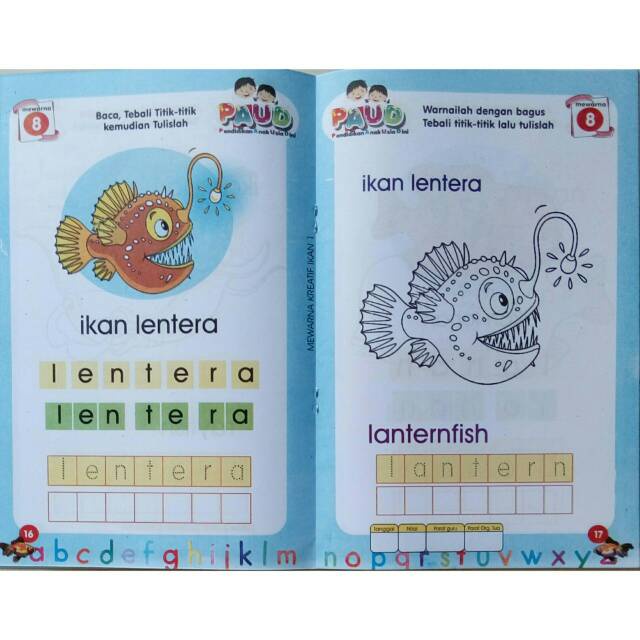 Buku Paud Mewarnai Kreatif Aneka Ikan Menebali dan Menulis Huruf Serba Jaya