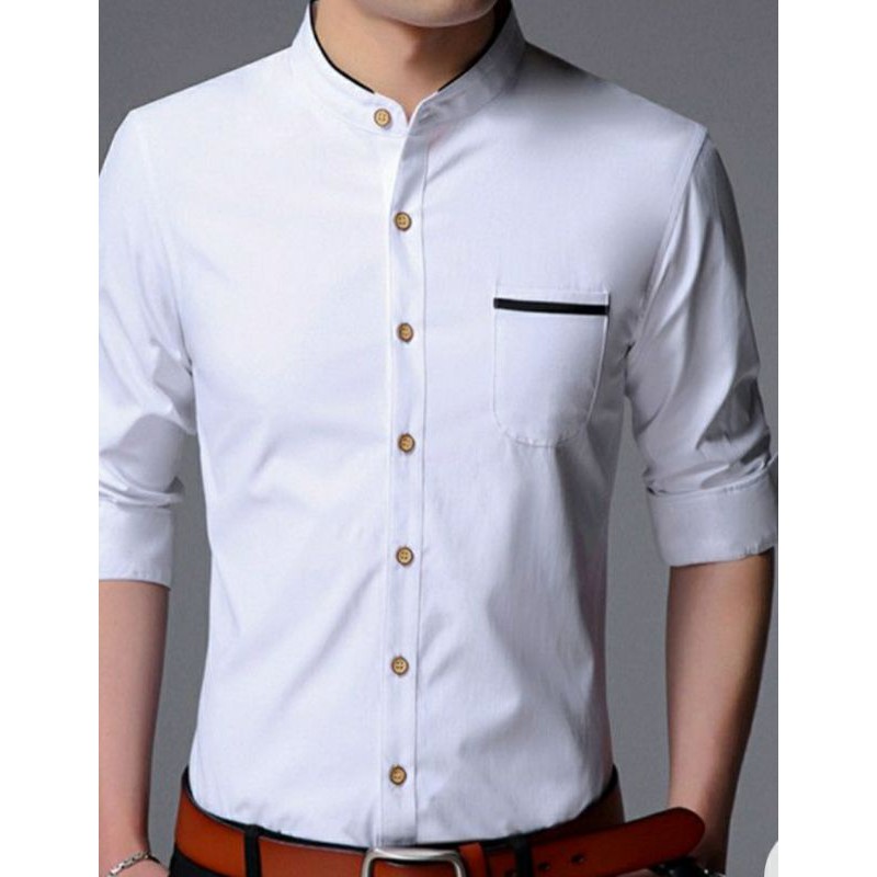 Baju kemeja panjang / Lengan panjang putih koko pria kerah sanghai list hitam baik untuk kerja ke ka