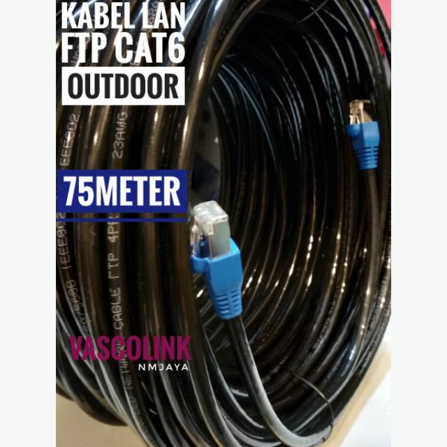 Kabel Lan Outdoor 75 Meter FTP Cat6 Siap Pakai sudah dicrimping rj45 besi dan plugbooth Vascolink Warna Hitam