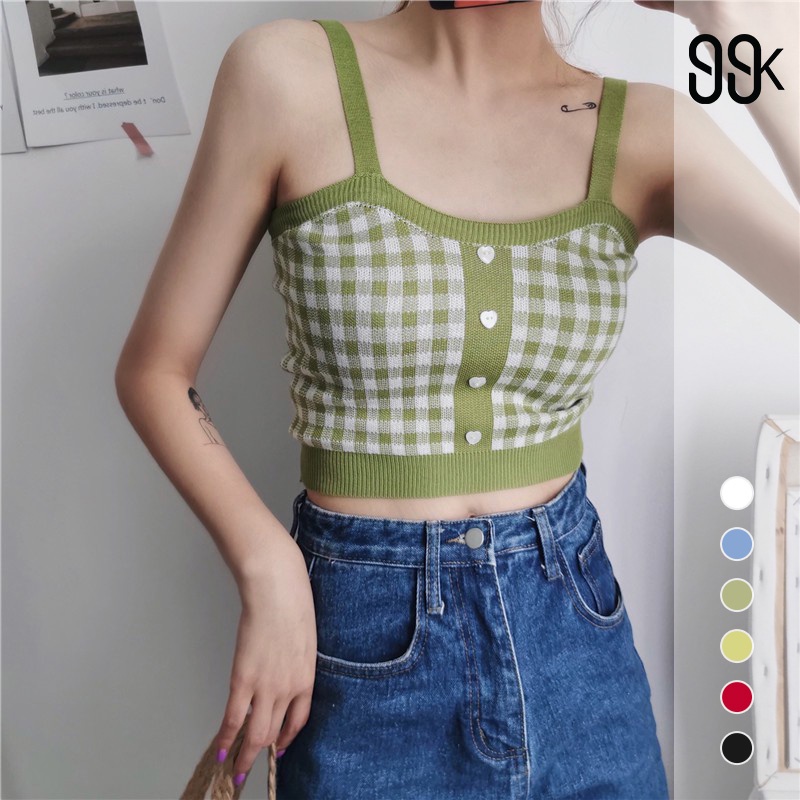 Korean Square Knit Crop Tank Top Wanita Motif Kotak - Kotak 2000