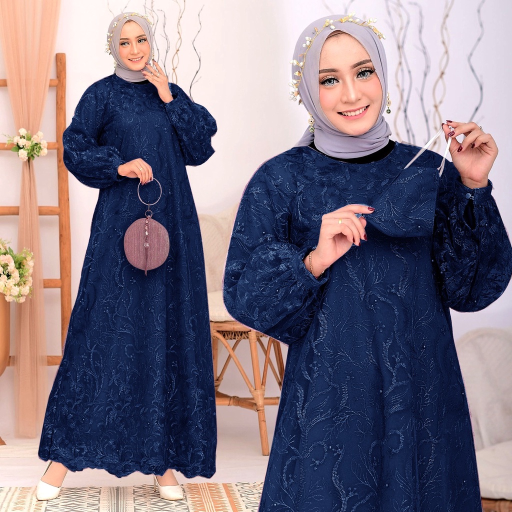 (New Free Masker Brukat) Arumi Full Brukat Tile Mutiara / Size S-M, L , XL, XXL / Gamis Pesta / Gamis Kondangan / Gamis Brokat Muslimah