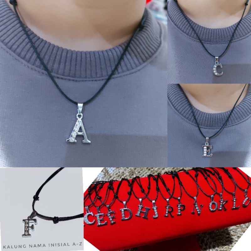 4s Grosir Solo || Kalung Nama Inisial Huruf A-Z Liontin Anti Karat dan Luntur dengan kalung Tali Hitam Satin || Kalung Tali Hitam Satin variasi Liontin Huruf || Kalung Nama Pria dan Wanita