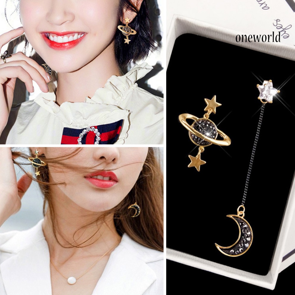 OW@ Asymmetrical Star Moon Planet Rhinestone Inlaid Women Long Dangle Earrings Gift