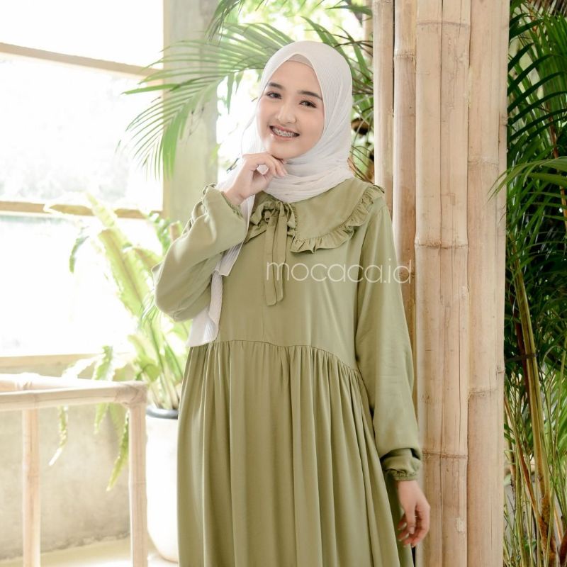 Midi Dress Kerah Renda Tali Katun Rayon Twill Premium Hitam Putih Olive Fuschia hijau kuning biru babyblye soft busui friendly babydoll polos  susun korea putih bersih broken white tulang