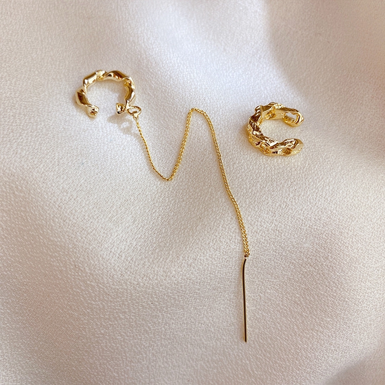 Manset Telinga Anting Sederhana Emas Rumbai Panjang Rantai Menjuntai Anting Drop Bungkus Tulang Rawan Piercing Earrings Set