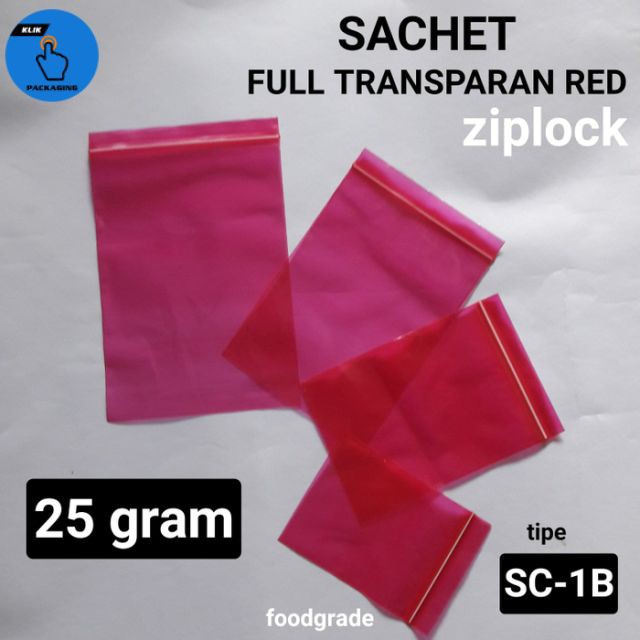PLASTIK KLIP MERAH TRANSPARAN 25GR/KEMASAN SACHET BUBUK AKSESORIS