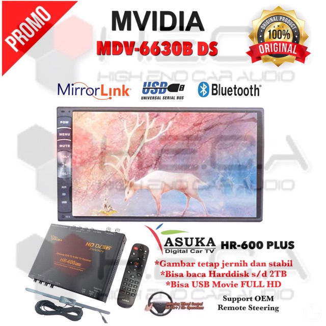 MVIDIA MDV-6630B DS Mirrorlink Head Unit Deckless Double Din Tape & TV Tuner Asuka HR-600 PLUS