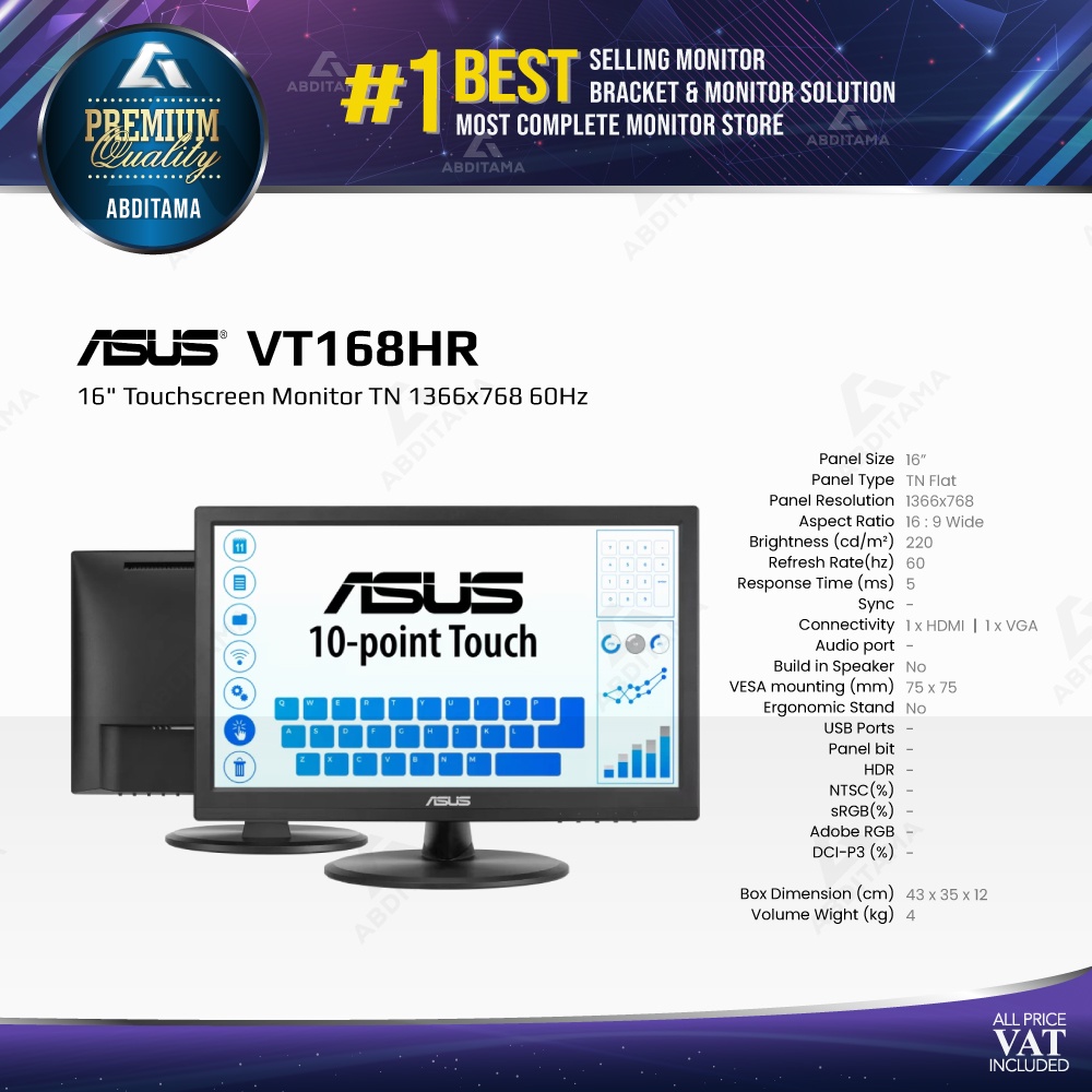 Monitor LED Touchscreen Asus VT168HR 16&quot; TN 1366x768 60Hz