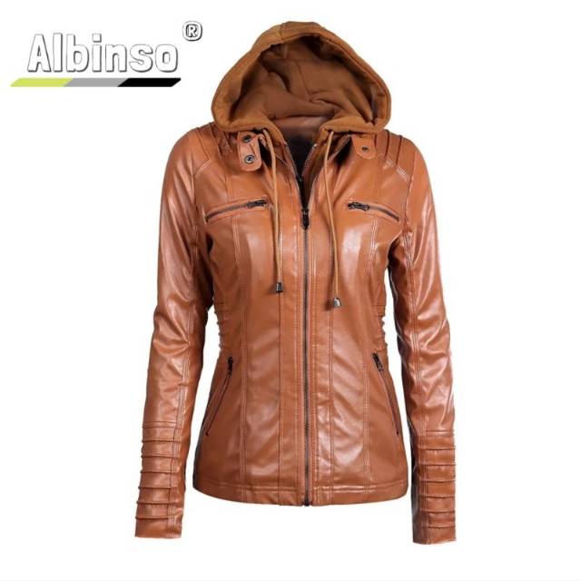 Jaket kulit sintetis hoodie wanita / jaket semi kulit sintetis  / fashion wanita /pakaian wanita