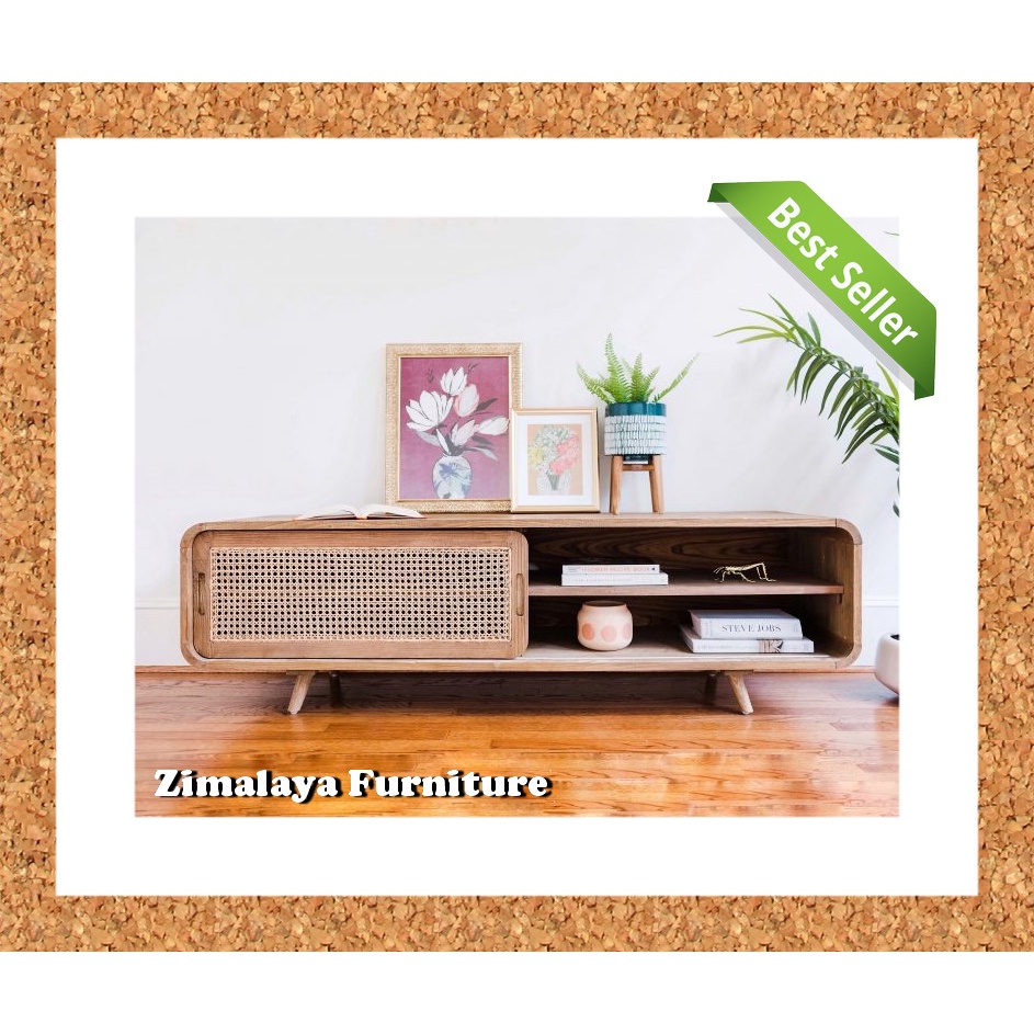 Meja Buffet Retro Minimalis Pintu Sliding Rotan Modern Panjang 120