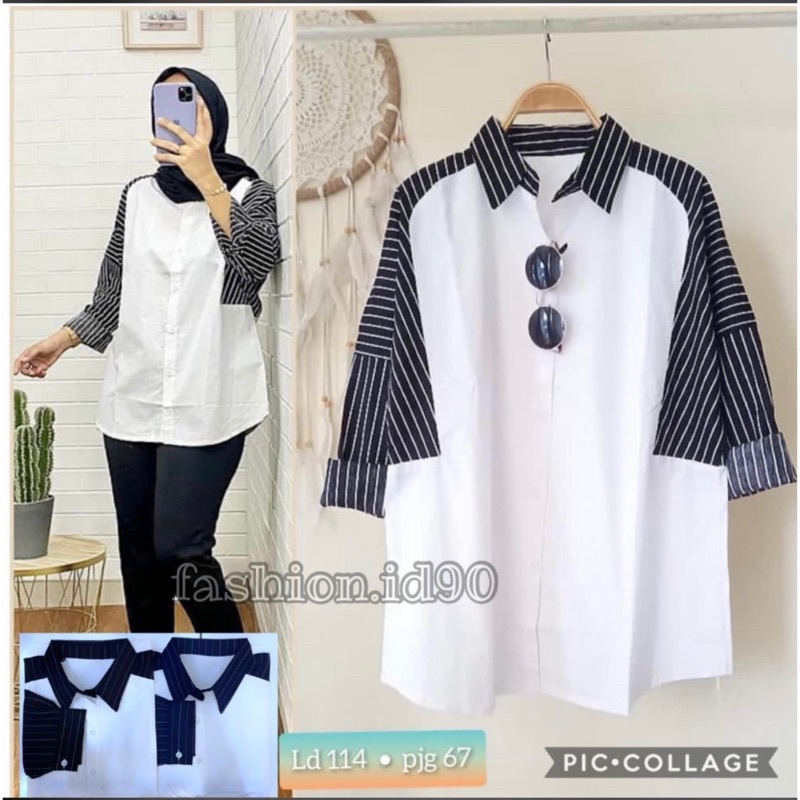 FASHION.ID90 KEMEJA WANITA SALUR KOMBINASI PAKAIAN WANITA GARIS GARIS STRIPE IMPORT BIGSIZE 710&707