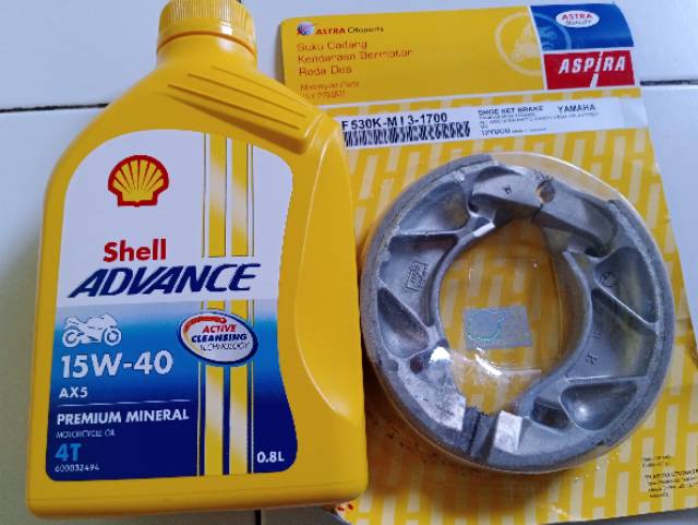 Kampas rem belakang + oli shell ax5 bebek/matic for mio/jupiter mx/vega zr/mio J/mio smile/vixion/m3