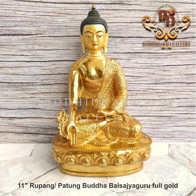 Patung Rupang Arca Logam Buddha Bhaisajyaguru Full Gold 11 inch