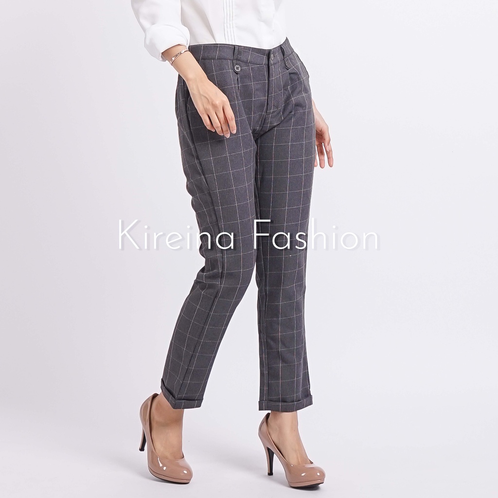 Celana Kotak Wanita Celana Kerja Wanita Baggy Pants Celana Tartan Bahan gabardin | Kireina Fashion