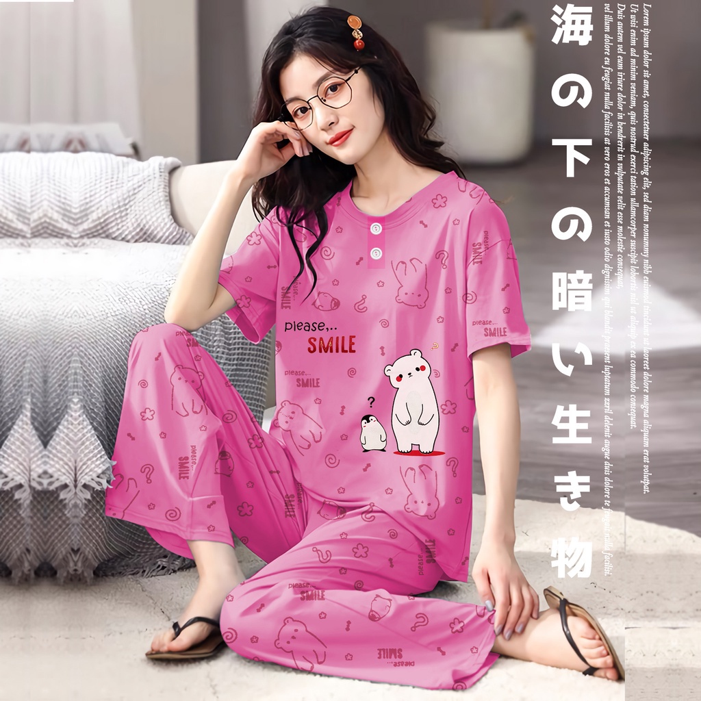 Lilipop.id  Baju Tidur Wanita CP Penguin Setelan Piyama BabyDoll Kaos Celana Panjang