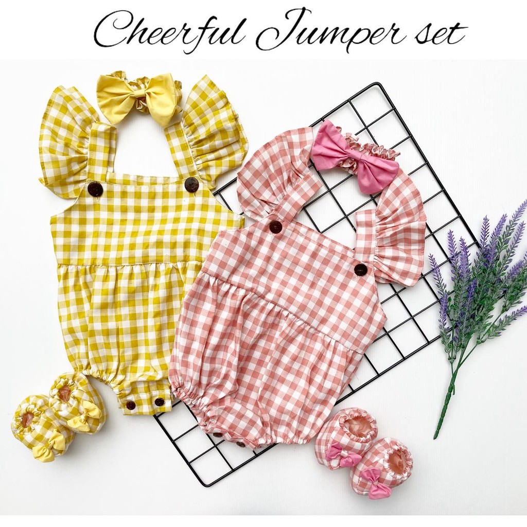 CHEERFUL / MICHA CHERRY BLOSSOM / EMMA JUMPER Baju setelan jumper rok bunga bandana sepatu pergi lucu fashion anak bayi perempuan-cheerful pink kotak