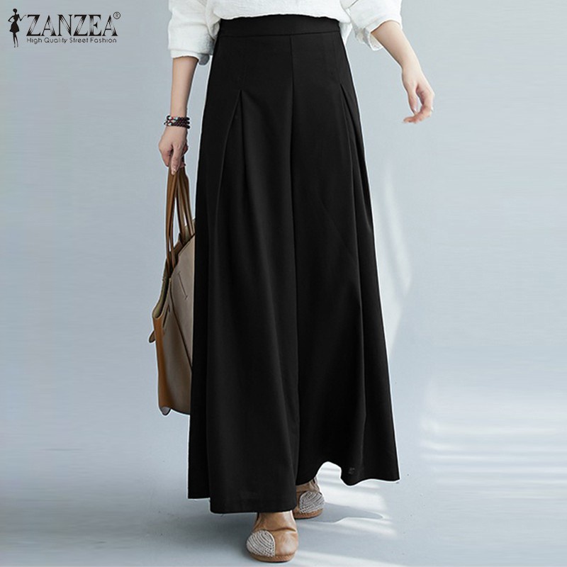 ZANZEA Women Elastic Waist Wide Leg Loose Casual Long Pants