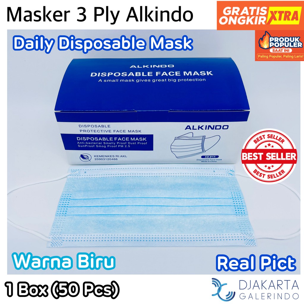 Masker 3Ply Earloop Alkindo Mouson Earloop Original  - isi 50 Pcs
