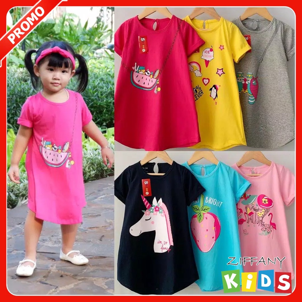 Dress Dres Daster Anak Perempuan Cewek Umur 6 8 10 Tahun Bahan Katun Motif Lucu