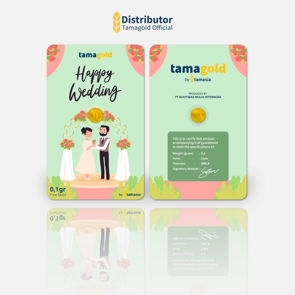 Mini Gold Happy Wedding 0,1 Gram Tamagold Tamasia, Logam Mulia Emas 24K Kado Pernikahan Termurah