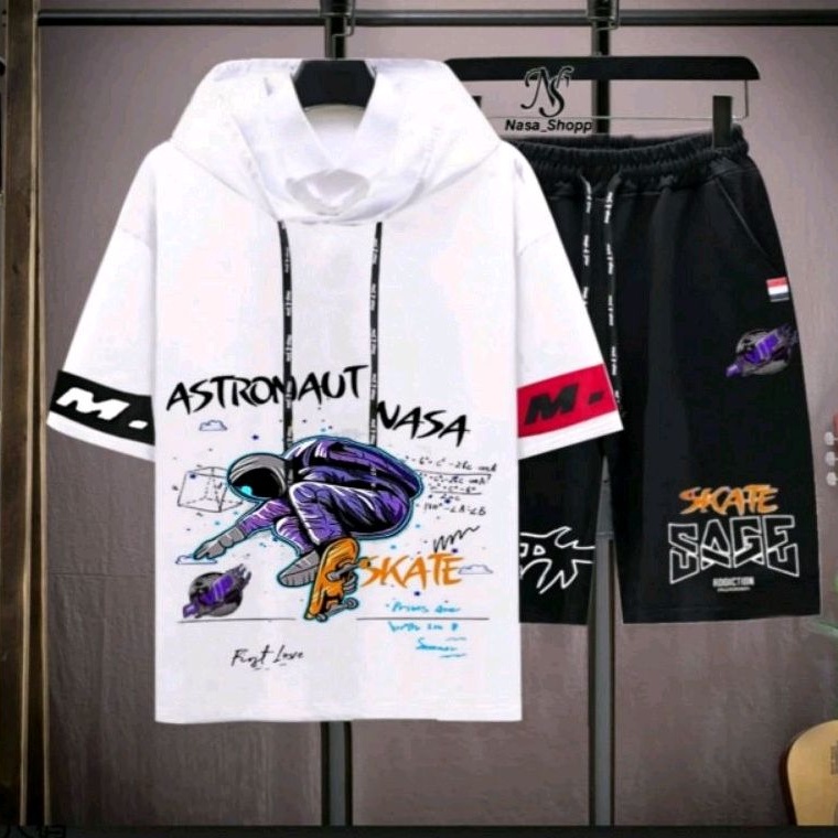 N_S Stelan Pria/Wanita 1Set Distro Baju Hoodie+Celana Pendek ASTRONAUT SKATEEE